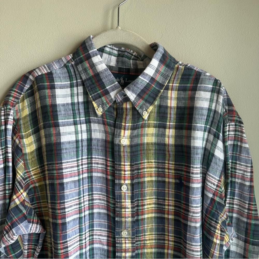 Vintage Ralph Lauren 100% Linen Long Sleeve Plaid Button Up Shirt​​